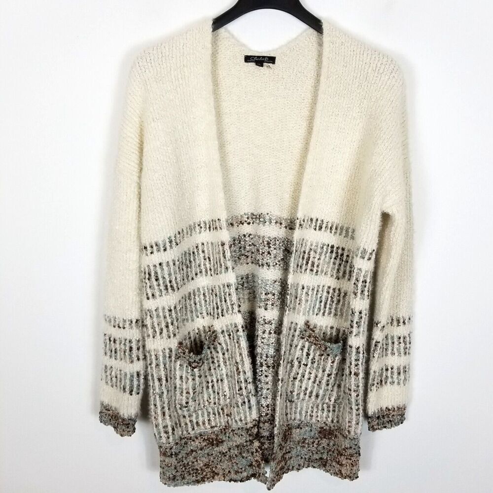 Charlie B Women Textured Fizzy Cardigan Sweater Sz L Beige Long‎ Open Front Cozy